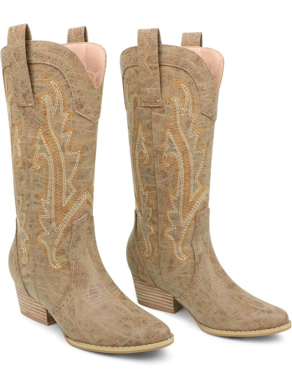 Women's Khaki Mid-calf Cowboy Boots Pointy Toe Boot Embroidered Western Boots